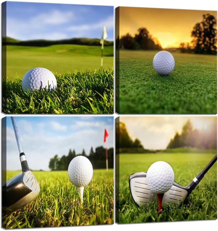 Pankila Golf Course Canvas Wall Art for Gym Club Golf Wall Decor Yellow Green Golf Landscape Abstract Wall Painting Decor Living Room Bedroom Bathroom Frame Artwork (12''W x 12''H x 4)