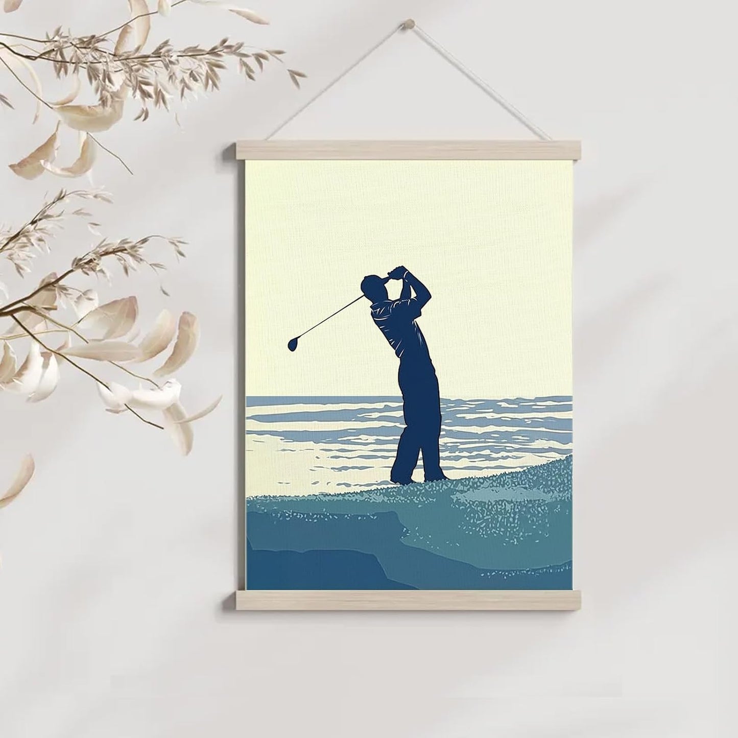 bitCNY Golf Swing Wall Art Print, Coastal Sport Silhouette Canvas Poster with Wooden Frame, Beach Style Hanging Decor for Office, Study, or Man Cave