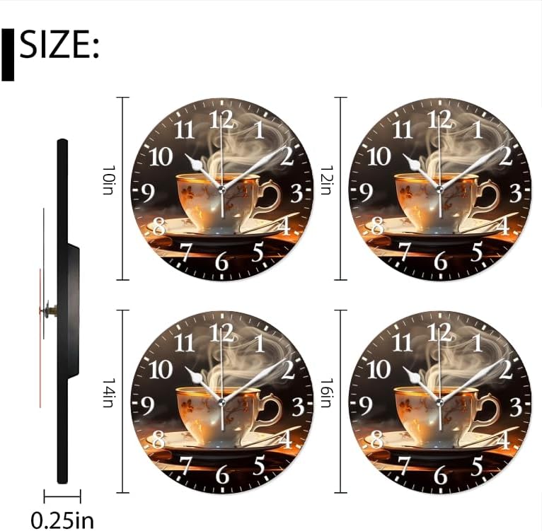 Coffee Wall Clock Non-Ticking Silent Clocks Battery Operated Analog Decor Clock for Home-Steaming Cup of Coffee On The Table(12inch)