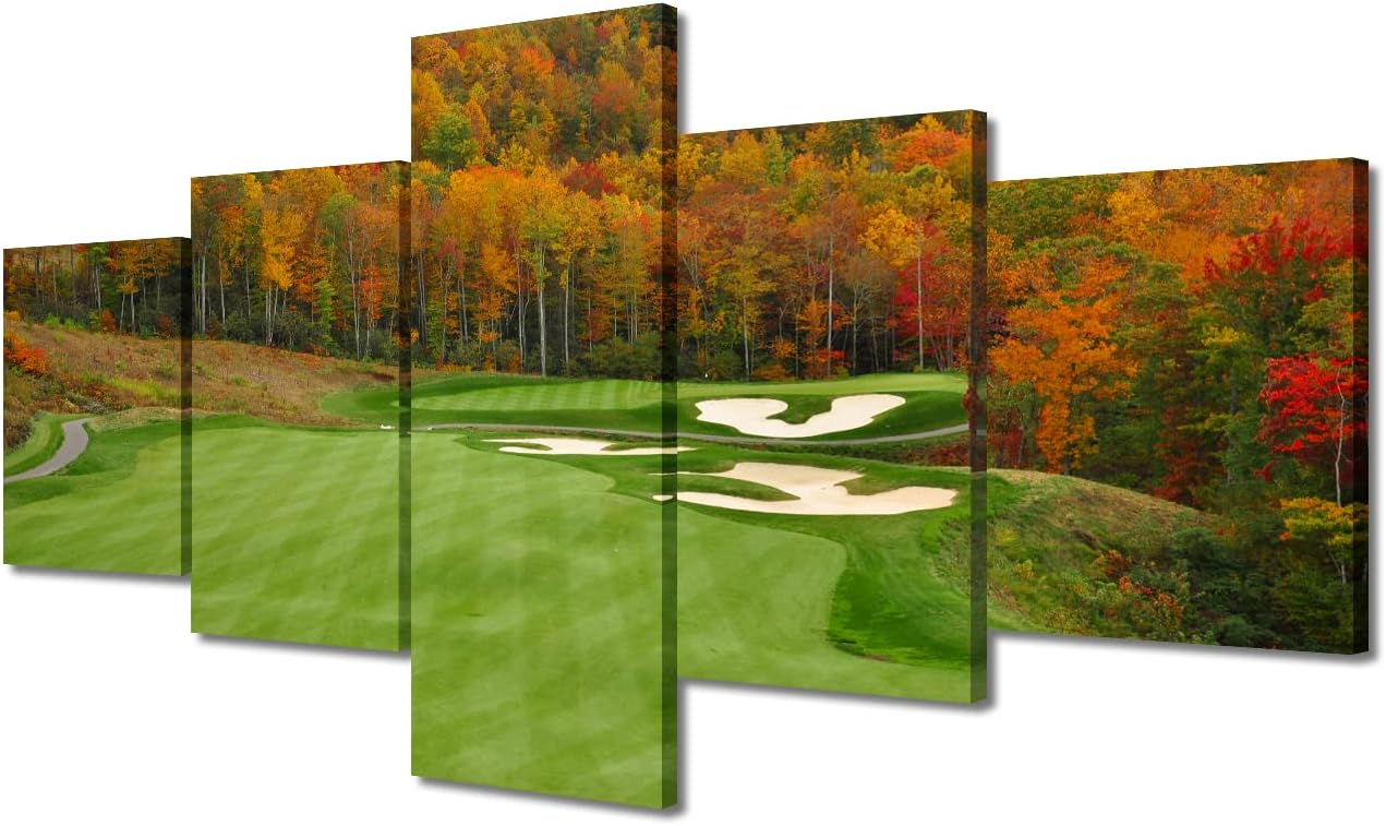 5 Piece Golf Course North Carolina Mountains Fall Nature Landscape Wall Art Office Wall Decor Pictures Paintings for Living Room Bedroom Canvas Prints Posters Framed Ready to Hang - 50"W x 24"H