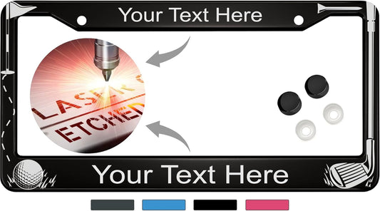 Golf Club and Ball Design with Your Custom Text | Laser Etched Anodized Aluminum Standard Size - CAR/Automobile License Plate Frame & Free caps - Black (Qty: 1 Frame)