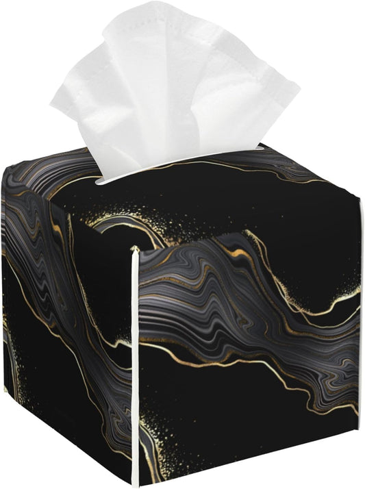 Black Gold Marble Tissue Box Cover Square, Abstract Marble Texture Tissue Box Holder Waterproof Leather Facial Paper Organizer Dispenser for Bathroom Home Car Nightstand Vanity Desk