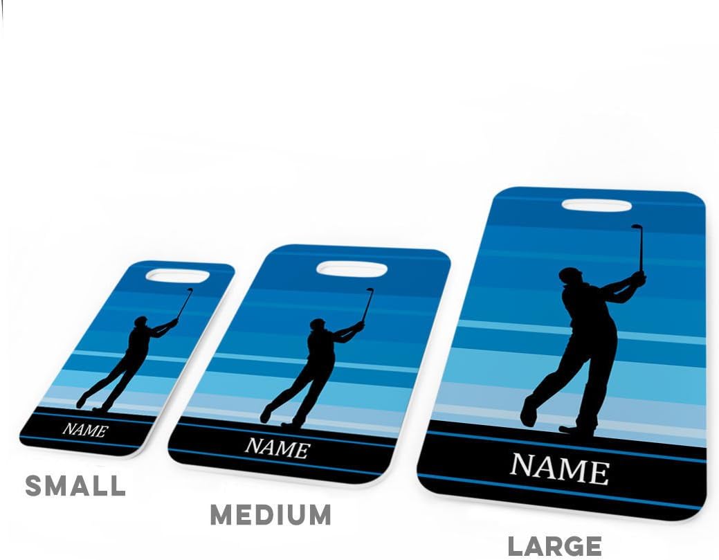 ChalkTalkSPORTS Golf Luggage & Bag Tag | Personalized Male Golfer | Standard Lines on Back | Large | Blue