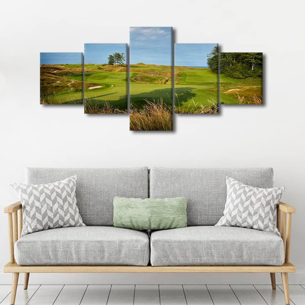 5 Piece Golf Course Canvas Wall Art Wisconsin Wall Art Golf Decor Whistling Straits Nature Landscape Poster Golf Course Field Wall Art Decor for Home Office Decor Framed Ready to Hang - 50"W x 24"H