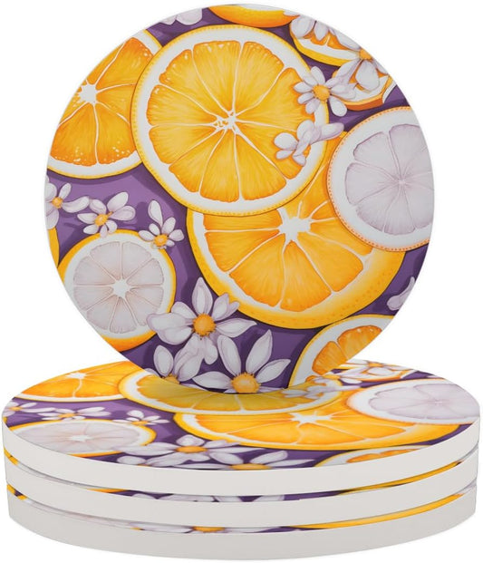 Ceramic Coasters for Drinks with Cork Back,Citrus Slice Daisy 4 Inch Absorbent Coaster Set 4 Pack, Quick Dry Non-Slip Coaster Mats for Home, Office, Bar