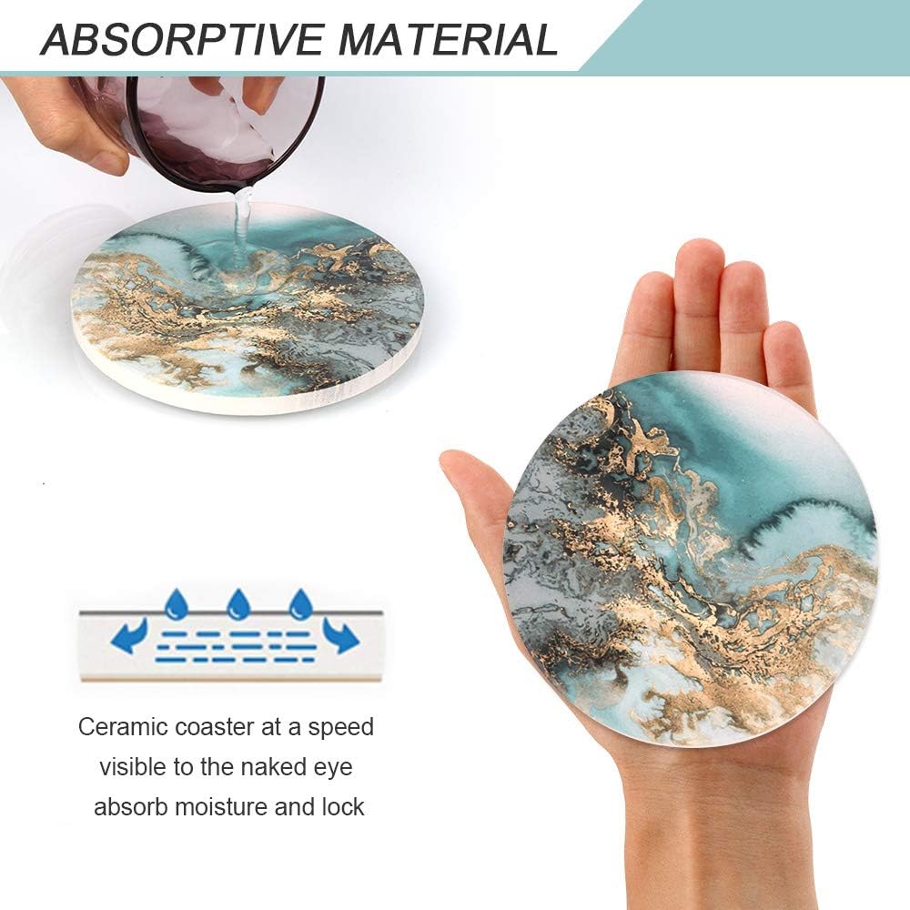 Lahome Marble Pattern Coasters - Round Drinks Absorbent Stone Coaster Set with Ceramic Stone and Cork Base for Kinds of Mugs and Cups (Blue, Set of 6)