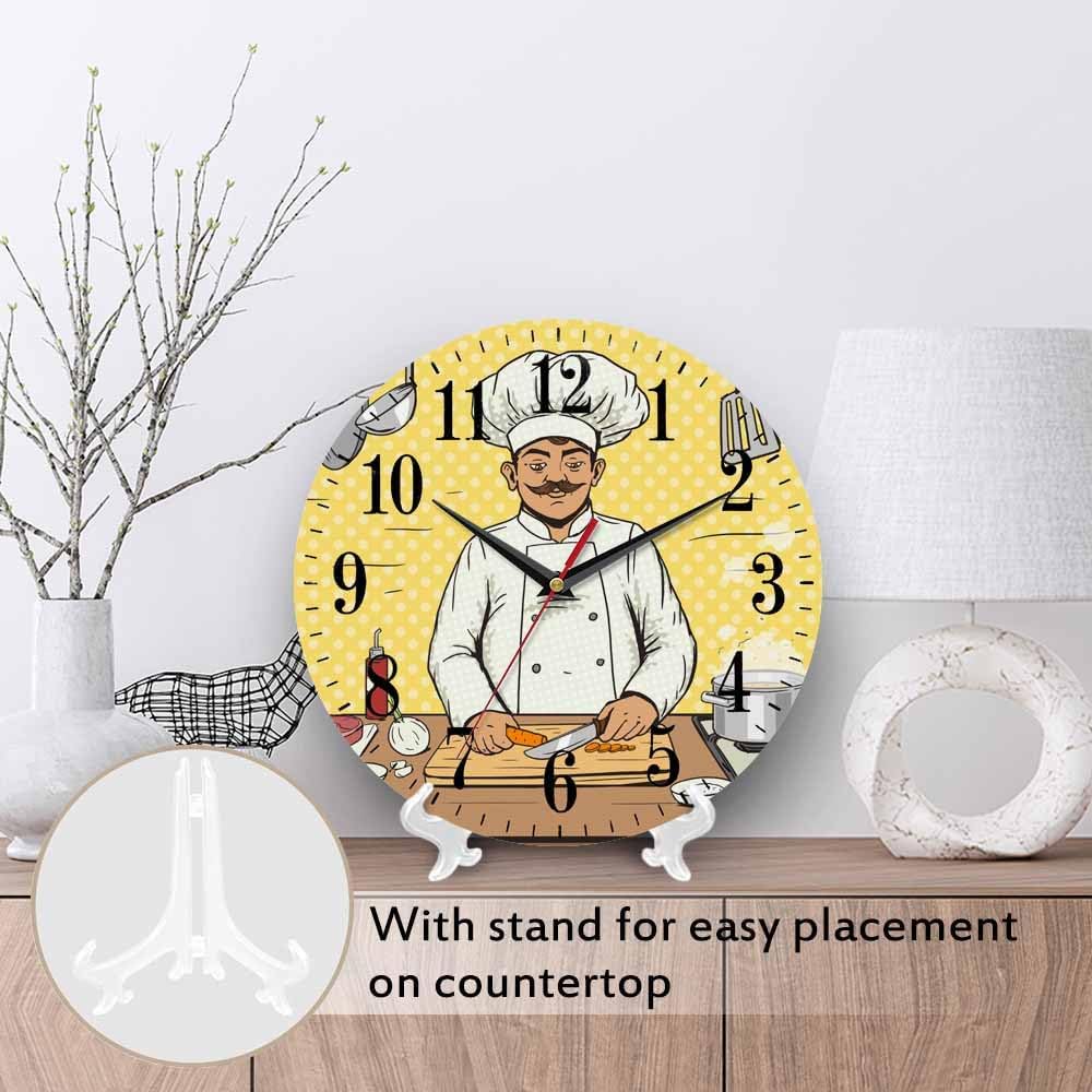 Mxocom Comic Chef Cooks Wall Clock Food Pop Kitchen Art Style 10 Inch Silent Non Ticking Battery Operated Clock Vintage Round Clock for Living Room Bedroom Bathroom Office Decor
