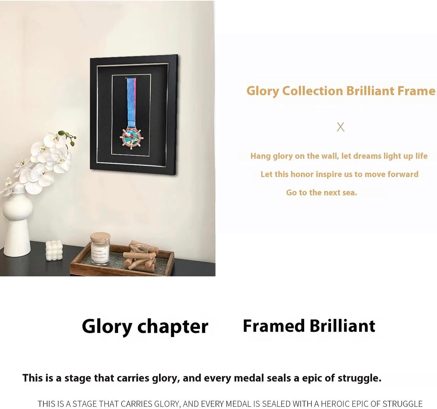 Black Solid Wood Medal Display Case – Shadow Box for Military Medals, Sports Awards, Badges, Certificates & Photos – Wall Mounted or Desktop Glass Frame