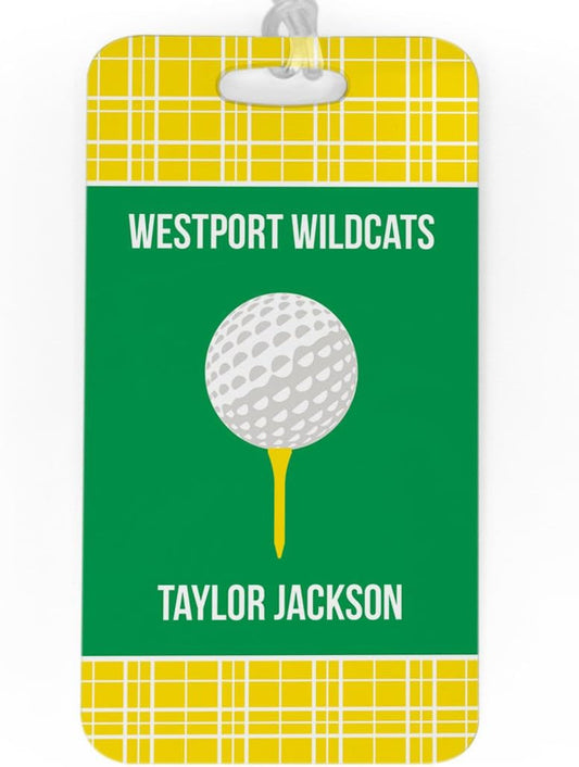 ChalkTalkSPORTS Golf Luggage & Bag Tag | Personalized Team with Golf Ball | Standard Lines on Back | Large | Yellow/Green