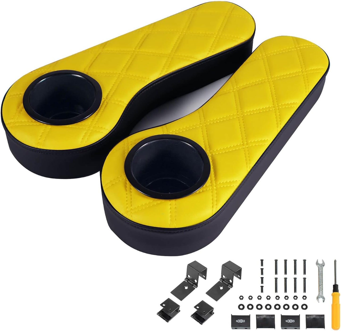 NOKINS Golf Cart Diamond Flip Armrest with Cup Holder, No Drilling Required, Golf Cart Folding Hinged Armrest, Inward Mount, for Club Car EzGo Yamaha Back Seat Kit