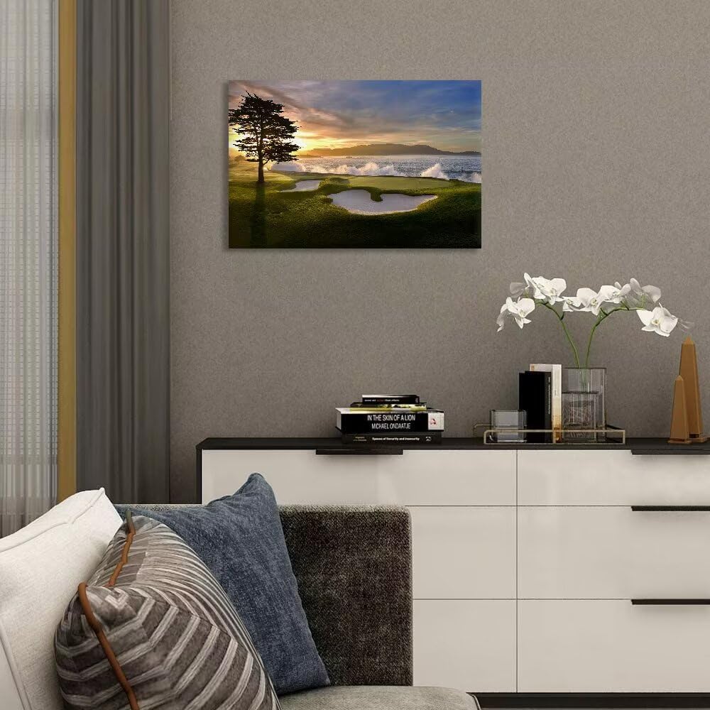 Pebble Beach Canvas Wall Art Picture Pebble Beach Golf Course Wall Decor for Living Room Bedroom Bathroom Home Decorations Golf Course Poster Picture Framed Artwork Ready to Hang(28''H x 44''W)