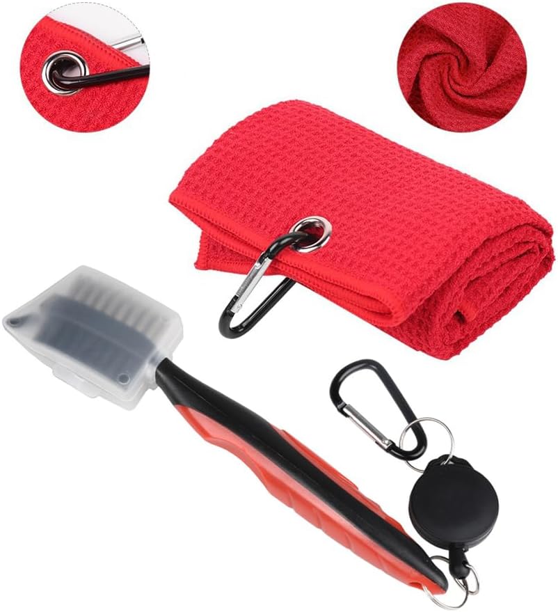 Golf Towels, Golf Towel and Brush Set, with Microfiber Waffle Design Golf Towel 16" X 24" with Hook and Loop Fastenerl and Retractable Zip-line Golf Club Brush (Red)