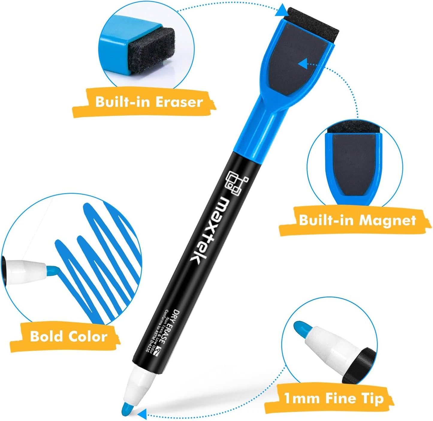 maxtek 60 Count Magnetic Dry Erase Markers, Fine Tip, 6 Colors, Low Odor Whiteboard Markers with Built-in Eraser