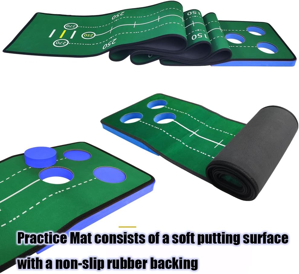 Putting Game, Indoor Green Putting Game Set, Detachable Golf Putting Mat - Includes 1 Putter, 6 Golf Balls, 3 Golf Cups, 1 Bag for Home Office Backyard with Family/Friends
