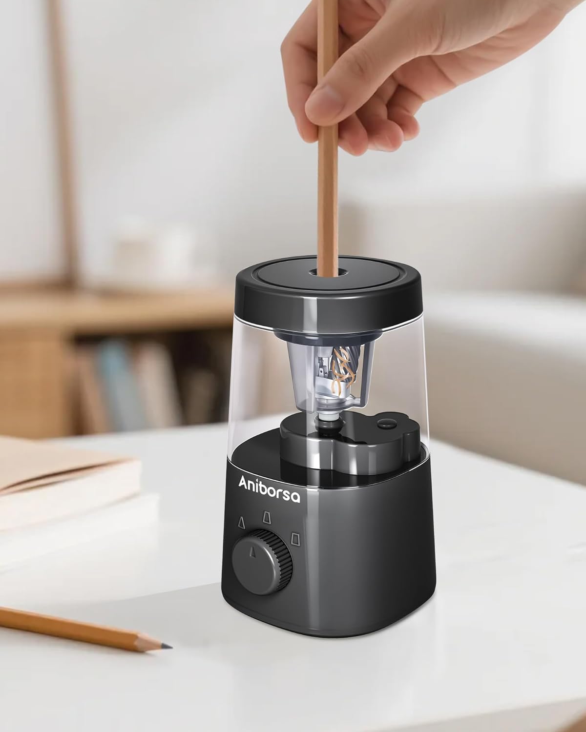 Electric Pencil Sharpener, Helical Blade Automatic Pencil Sharpener, Battery/USB Cord Operated Adjustable Sharpness for 6-8 mm Pencil, Classroom, School, Office, Home, Black