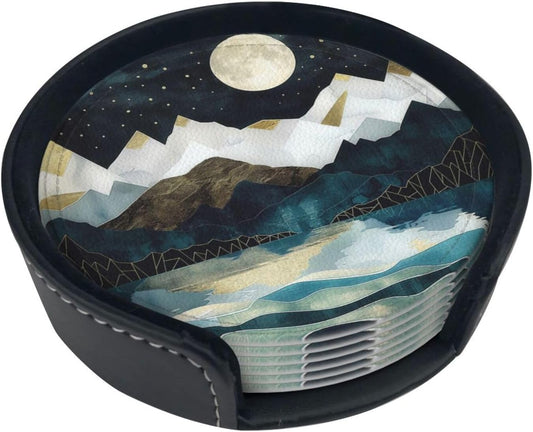 Mountain Sunset Leather Drinks Coasters with Holder Set of 6, Suitable for Kinds of Cups