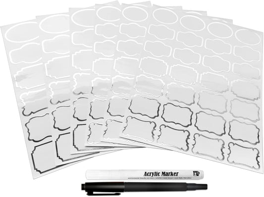 Kitchen Pantry Food Containers Clear Labels with Silver Border, 138 Waterproof Removable Write-on Sticker Labels Tags to Organize Spice Jars Condiment Flour Sugar Canisters Storage Bins,Free 2 Markers