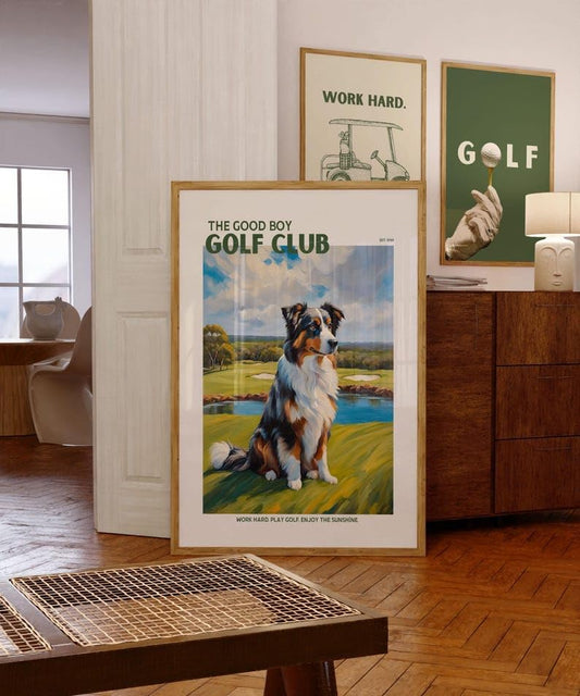 Golf Wall Art Print, Good Boy Golf Club Poster with Australian Shepherd, Colorful Impasto Painting, Trendy Sports Decor, Aussie Dog Artwork, Great Gift for Golf Enthusiasts (Unframed) (11x14)