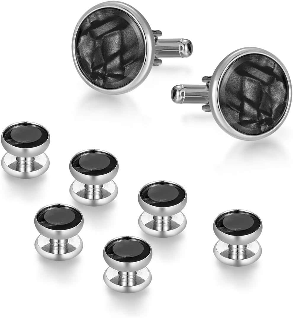 wynameleri Mens Classic Shirts Cufflink Studs, Mother-of-Pearl Tuxedo Shirt Button and Cuff Links Set, Formal Business Wedding Jewelry