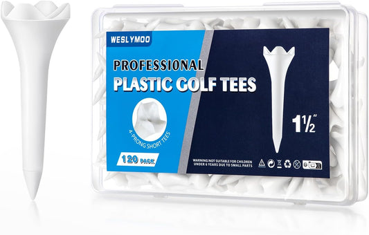 Weslymoo 1 1/2 Inch Plastic Golf Tees, Short Tees 120 Pack with Low-Friction Design for Iron、Par Threes、Hybrids and Driving Range, with High Stability and Low-Friction Performance Golf Tees Plastic