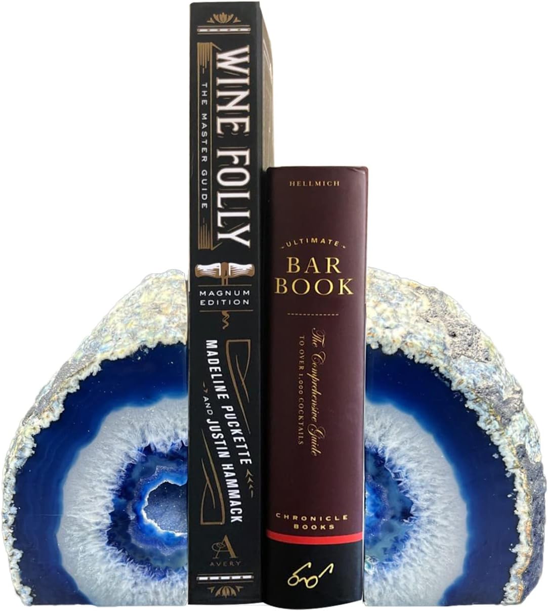 AMOYSTONE Blue Agate Stone Bookends, Decorative Book Holder for Office and Home Shelves, 3-4 LBS Stylish and Functional Bookends,with Rubber Bumpers