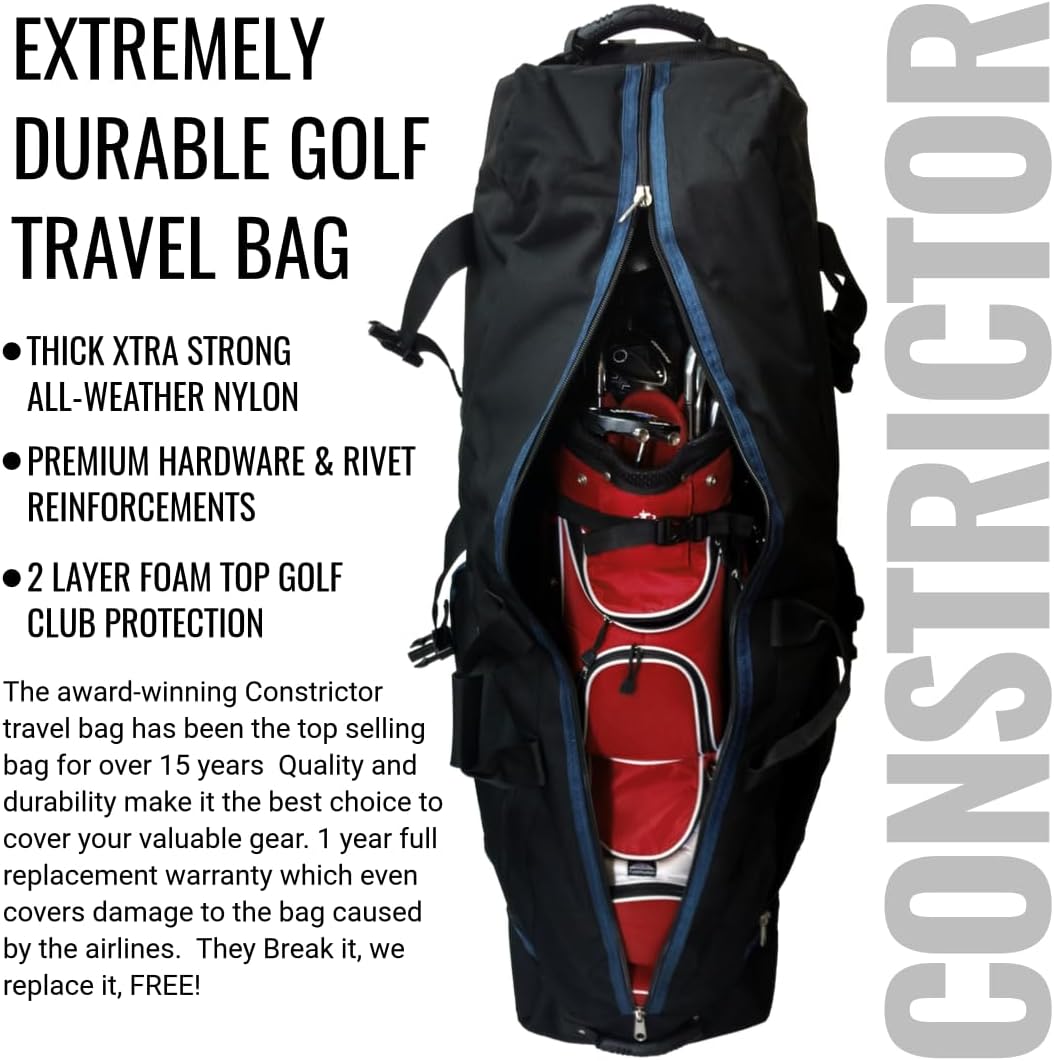 CaddyDaddy Constrictor Soft-Sided Golf Travel Bag Cover with Thick Dense Foam Padded Top 1 Year Full Travel Bag Replacement Coverage | Wheels & Lockable Zippers Case for Transporting Clubs on Airlines