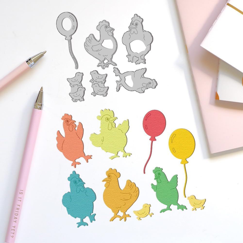 Chicken Cutting Dies Chicken Chasing Balloon Scene Card Making Die Cuts Carbon Steel Stencils Scrapbooking Embossing Template Dies for DIY Craft Album Easter Festival Gift Decor