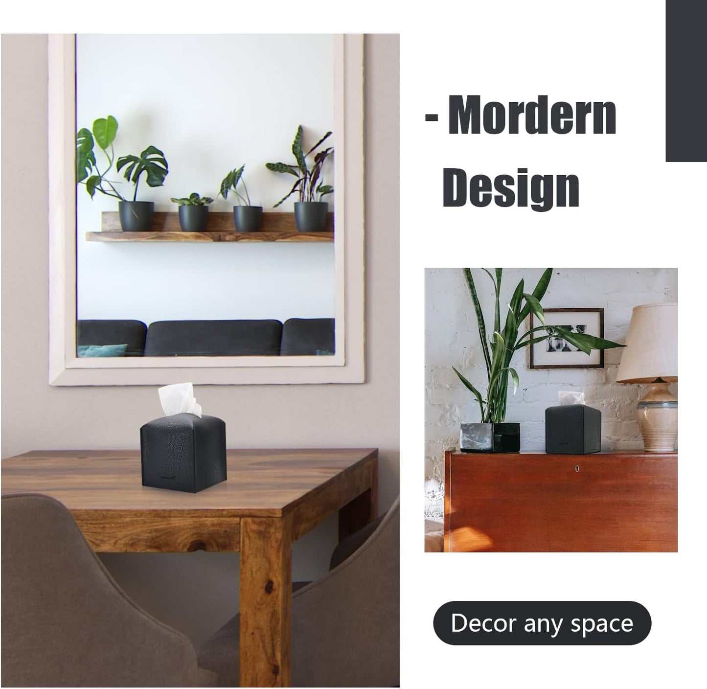 Tissue Box Cover 5X5X5'' PU Leather Tissue Holder Square Tissue Cube Box Organizer for Bathroom Vanity Countertop, Car, Night Stands, Office, Home, Kitchen (2Pack, Black)