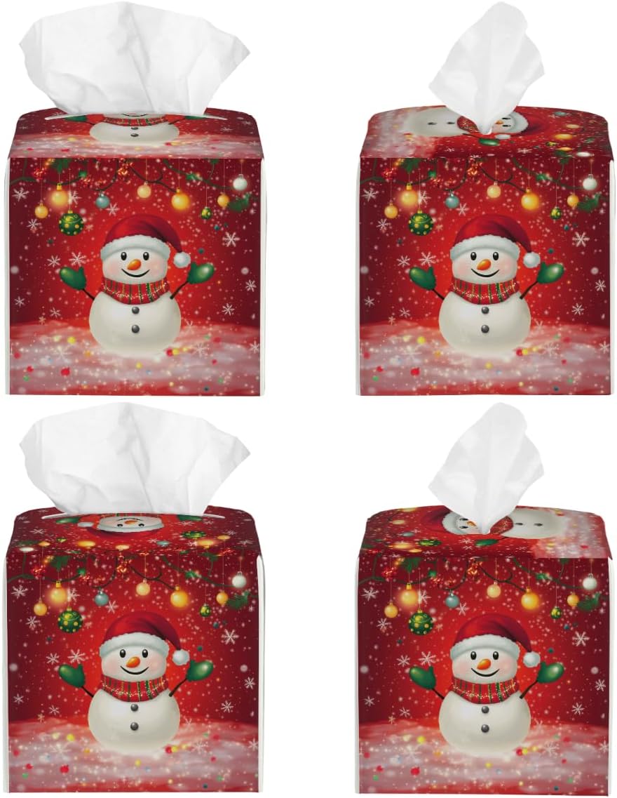 Cute Snowman Christmas Tissue Box Cover Square, PU Leather Facial Tissue Cube Box Holder, Xmas Modern Tissue Case Dispenser for Bedroom Tabletop Vanity Countertop