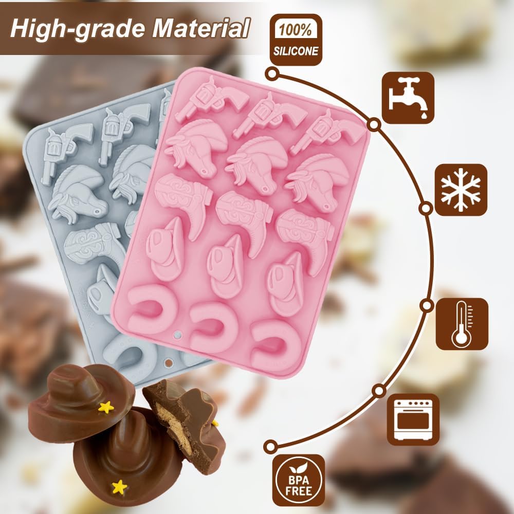 2 Pack Cowboy Chocolate Silicone Molds 3D Western Themed Baking Mould Tray DIY Baking Tool with Cowboy Hat, Boot & Horse for Chocolate Cake Dessert Candy Mousse Pastry Handmade Soap Cupcake Topper