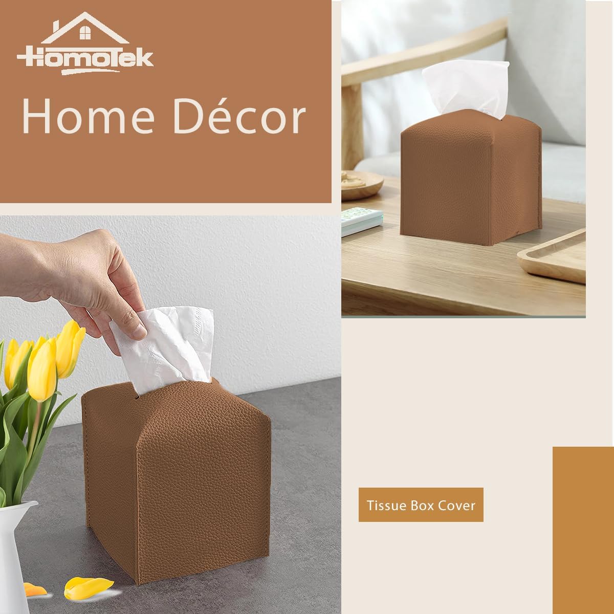 HOMOTEK 2 Pack Tissue Box Cover, Square PU Leather Tissue Holder, Decorative Facial Tissue Cube Paper Organizer Dispenser for Bathroom, Night Stands, Desk, Car 5X5X5'' - Dark Gray, Pebble Grain