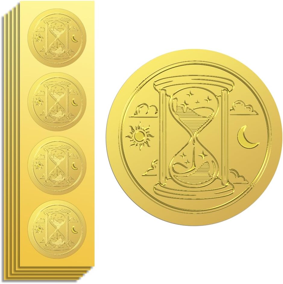 Peacoblue Gold Foil Stickers Seals Embossed Divination and Hourglass 2 Inch 100Pcs for Gift Present Card Decor, Envelop Seals, Invitation, Self Adhesive Gold Around Embossing Stickers