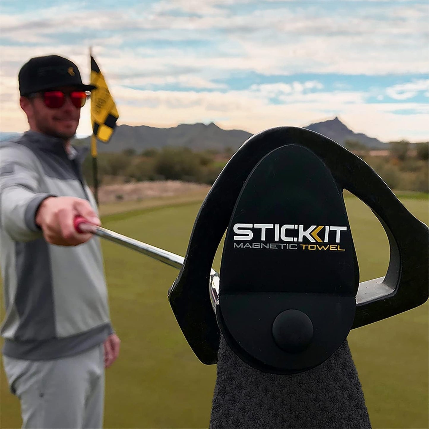 STICKIT Magnetic Golf Towel Gray and Black 2-Pack | Top-Tier Microfiber Golf Towel with Deep Waffle Pockets | Industrial Strength Magnet for Strong Hold to Golf Carts or Clubs