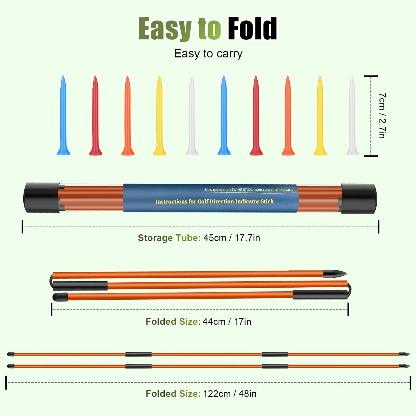 Golf Alignment Sticks 2 Pack, 48″Collapsible Practice Rods for Aiming/Putting, Golf Training Aid for Swing Trainer with Clear Tube Case, Foldable Training Rods with 10 Golf Tees