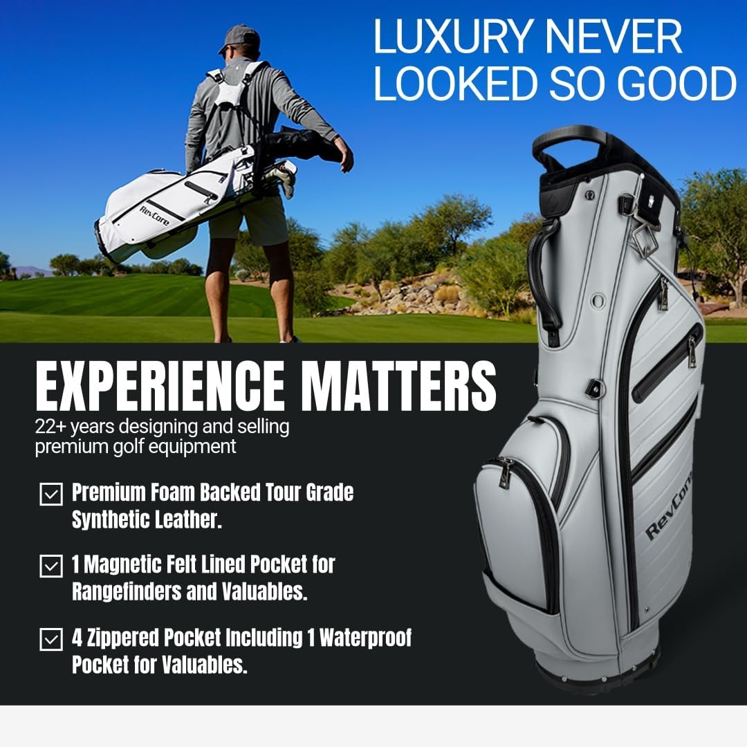 RevCore LT Lightweight Golf Stand Bag by CaddyDaddy – Premium Synthetic Leather Carry Golf Bag for Men & Women with 5-Way Divider, Cooler Pocket, Dual Strap – Golf Bag with Stand