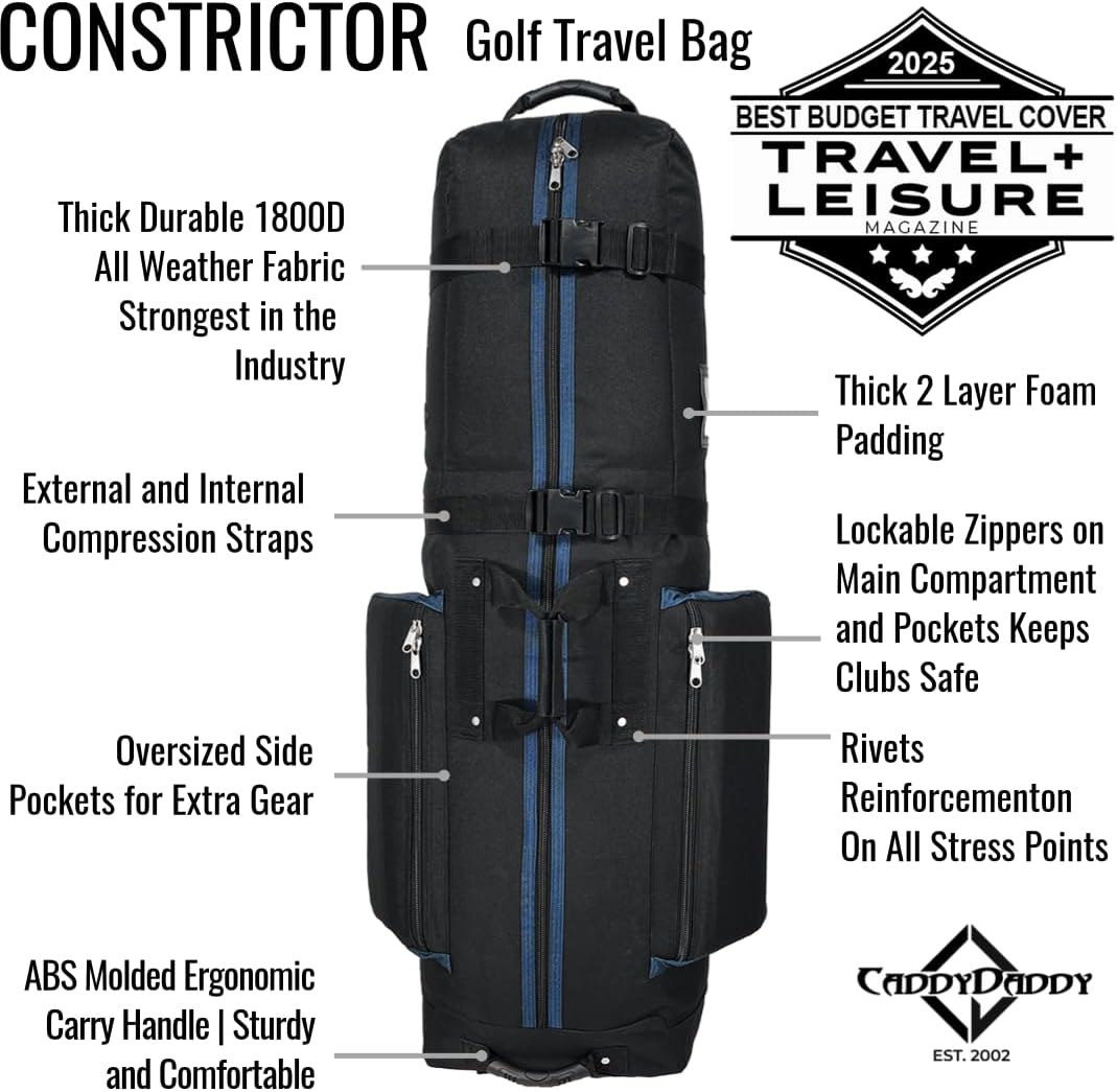 CaddyDaddy Constrictor Soft-Sided Golf Travel Bag Cover with Thick Dense Foam Padded Top 1 Year Full Travel Bag Replacement Coverage | Wheels & Lockable Zippers Case for Transporting Clubs on Airlines