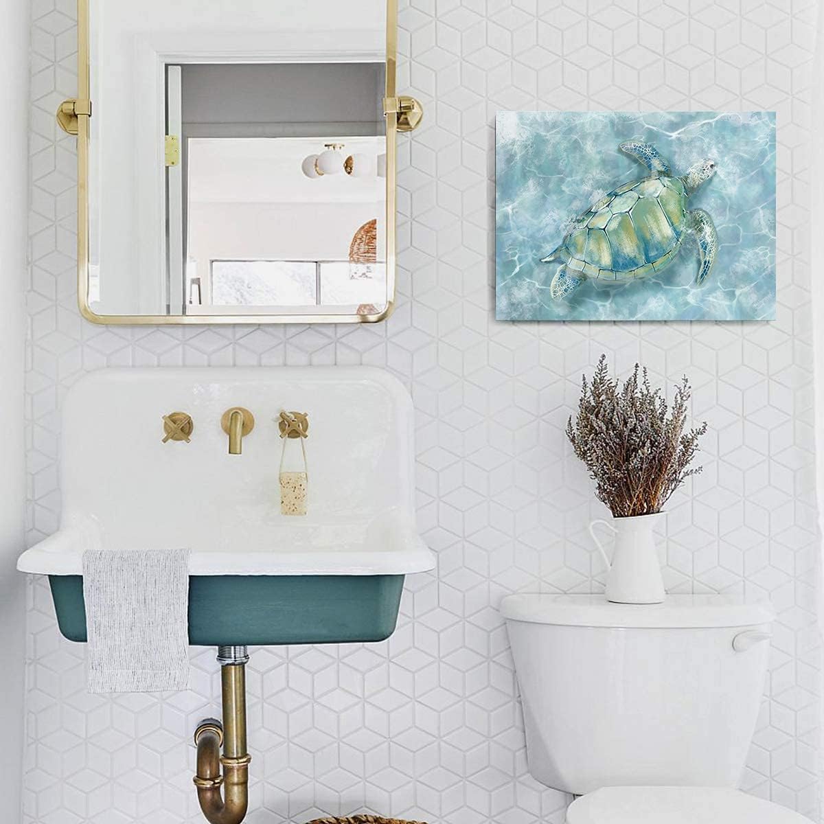 YJYart Bathroom Wall Decor Sea Turtle HD Pictures Print on Canvas Wall Art for Bedroom Kitchen Blue Coastal Room Decorations Art Work Green Turtle on Blue 12x16 inches