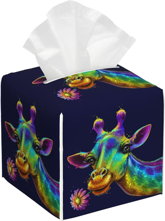 Leather Tissue Box Holder Colorful Giraffe Tissue Box Cover Square Waterproof Tissue Holder Organizer Modern Napkin Holder for Bedroom Dresser Night Stand Office Desk