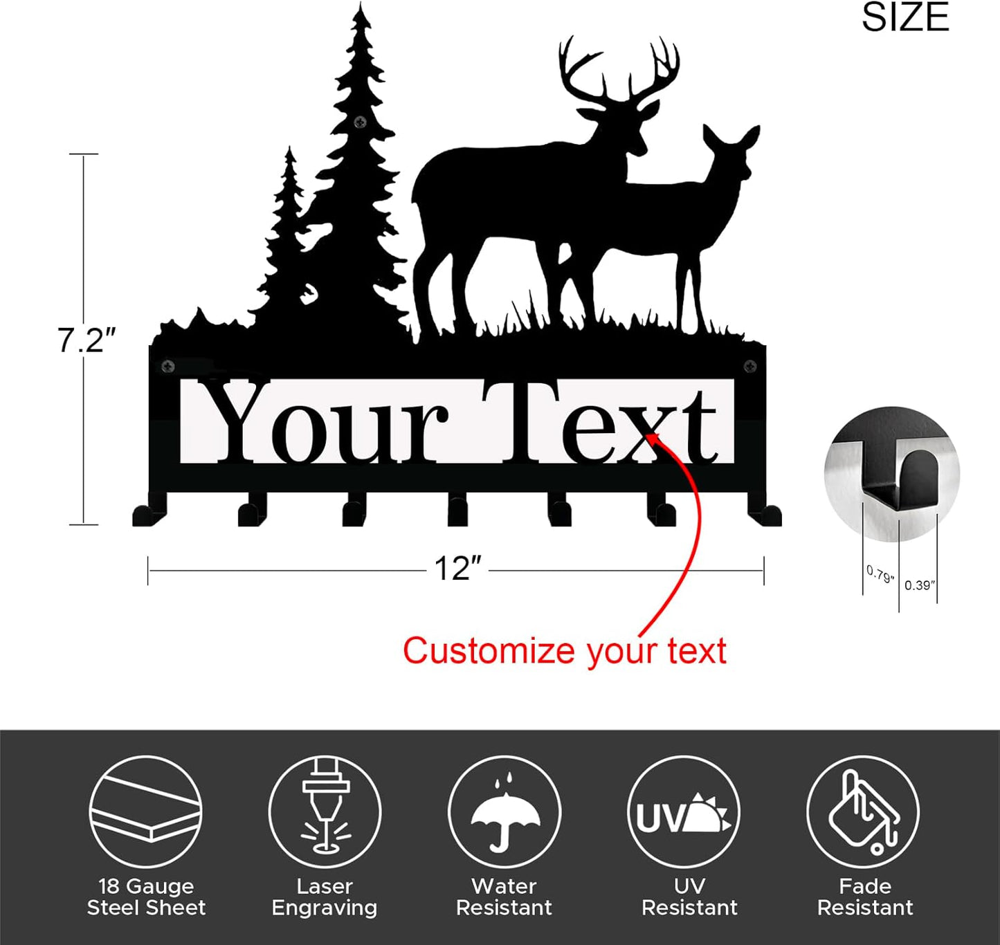 Personalized Family Name Metal Wall Sign With Hooks - Custom Rustic Deer Forest Key Rack Key Hanger for Entryway, Cabin, or Farmhouse Decor