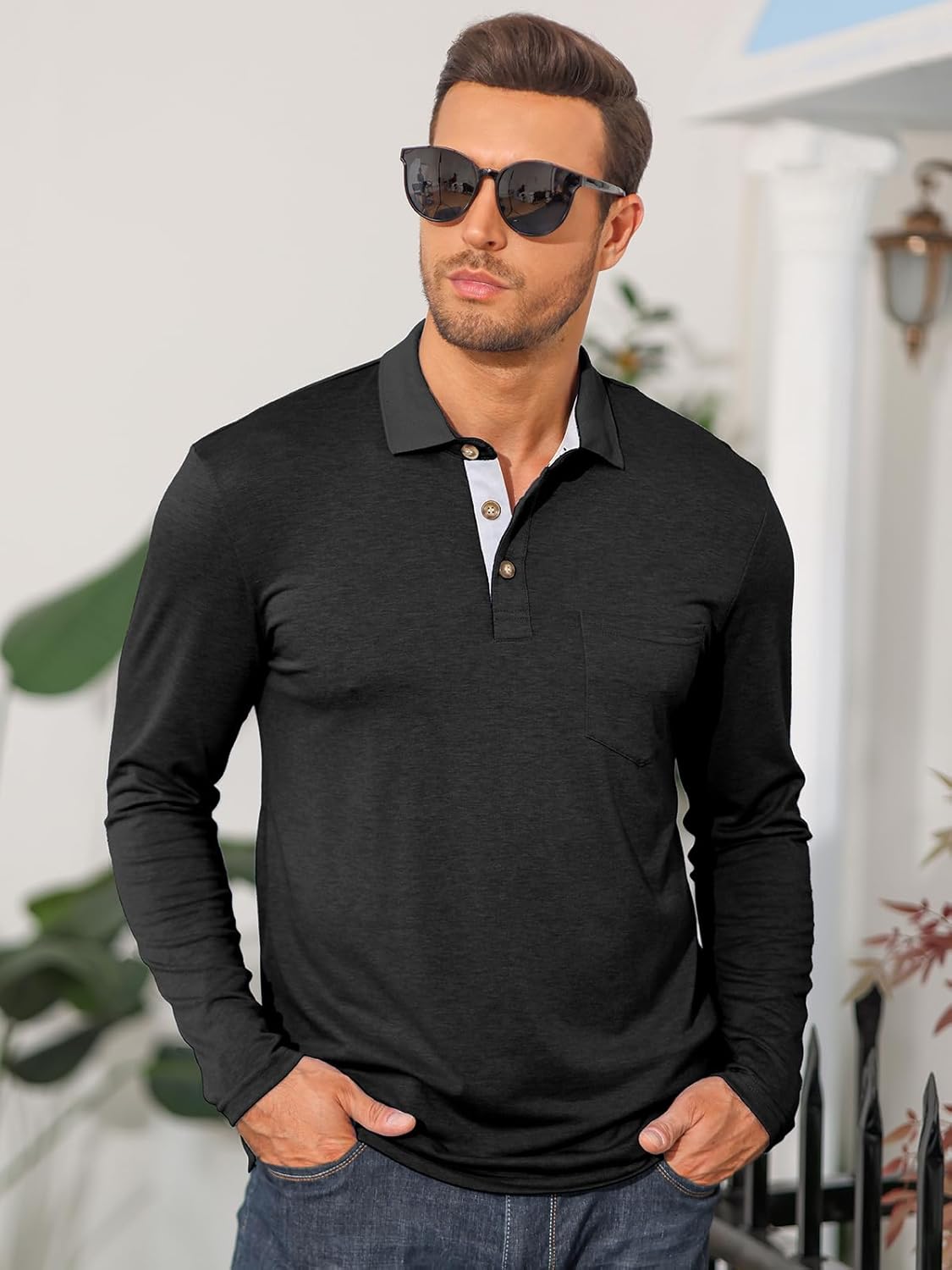 Mens Long Sleeve Polo Shirts Casual Moisture Wicking Golf Polo Shirts with Pocket