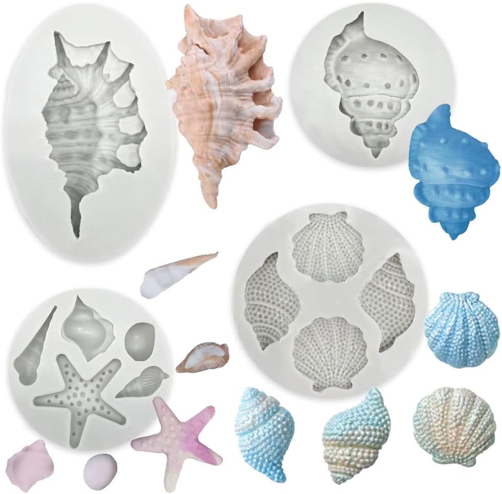 4 PCS Marine Theme Cake Fondant Silicone Mold Seashell Conch Starfish Baking Molds for DIY Cake Decoration Chocolate Candy Polymer Clay Crafting Projects