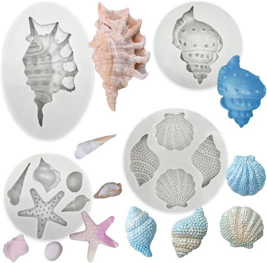 4 PCS Marine Theme Cake Fondant Silicone Mold Seashell Conch Starfish Baking Molds for DIY Cake Decoration Chocolate Candy Polymer Clay Crafting Projects