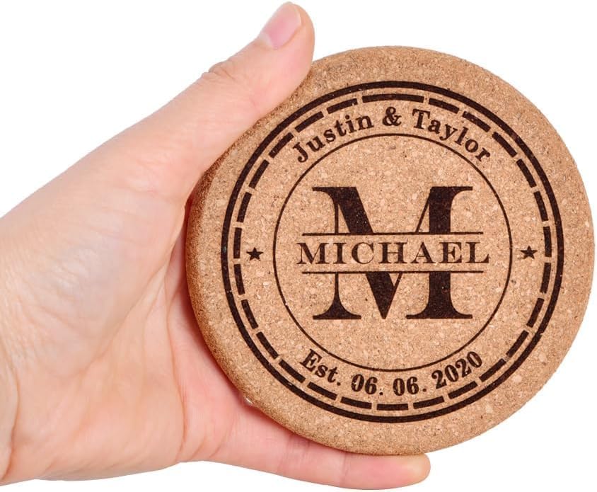 Personalized Cork Coasters for Drinks, Custom Engraved Absorbent Heat & Water Resistant Coasters for Cups and Mugs (M)