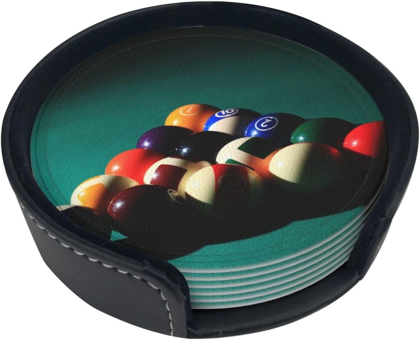 Billiard Ball Cool Coasters for Drinks Round Leather Coaster with Holder Set of 6 for Tabletop Protection Desk Accessories Office Home Room Decor