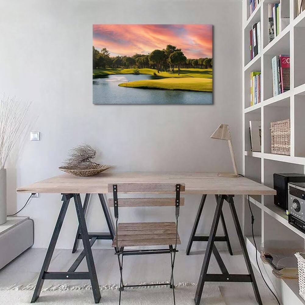 Sunset Golf Course Wall Art for Living Room Bedroom Bathroom Home Decorations Golf Course Picture Poster Print on Canvas Modern Artwork Framed Ready to Hang(24''H x 36''W)