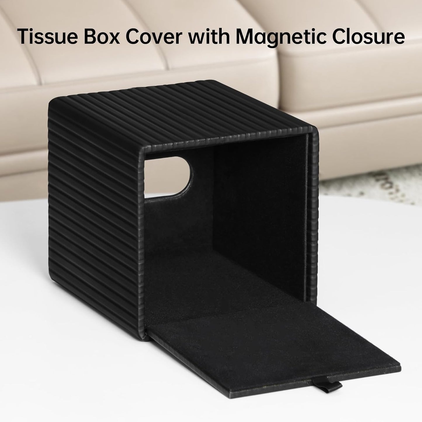 PU Leather Tissue Box Cover Square Tissue Box Holder with Magnetic Closure (Black Stripe)