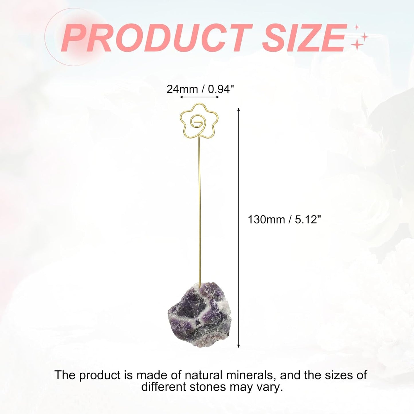 PATIKIL Table Number Holder, 1Pcs Photo Clip Holders Crystal Stone Quartz Desk Card Holder Raw Flower Shape Iron Memo Note Photo Stand for Wedding Party Home Office Decor, Purple