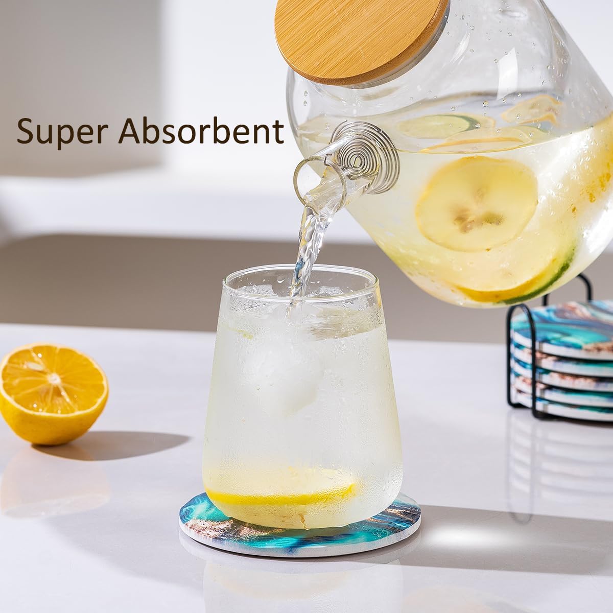 Blue Marble Coasters with Holder Set of 6, Absorbent Ceramic Coasters for Drinks, Coasters with Cork Backing for Table Protection, Housewarming Christmas Birthday Gifts 4 inches