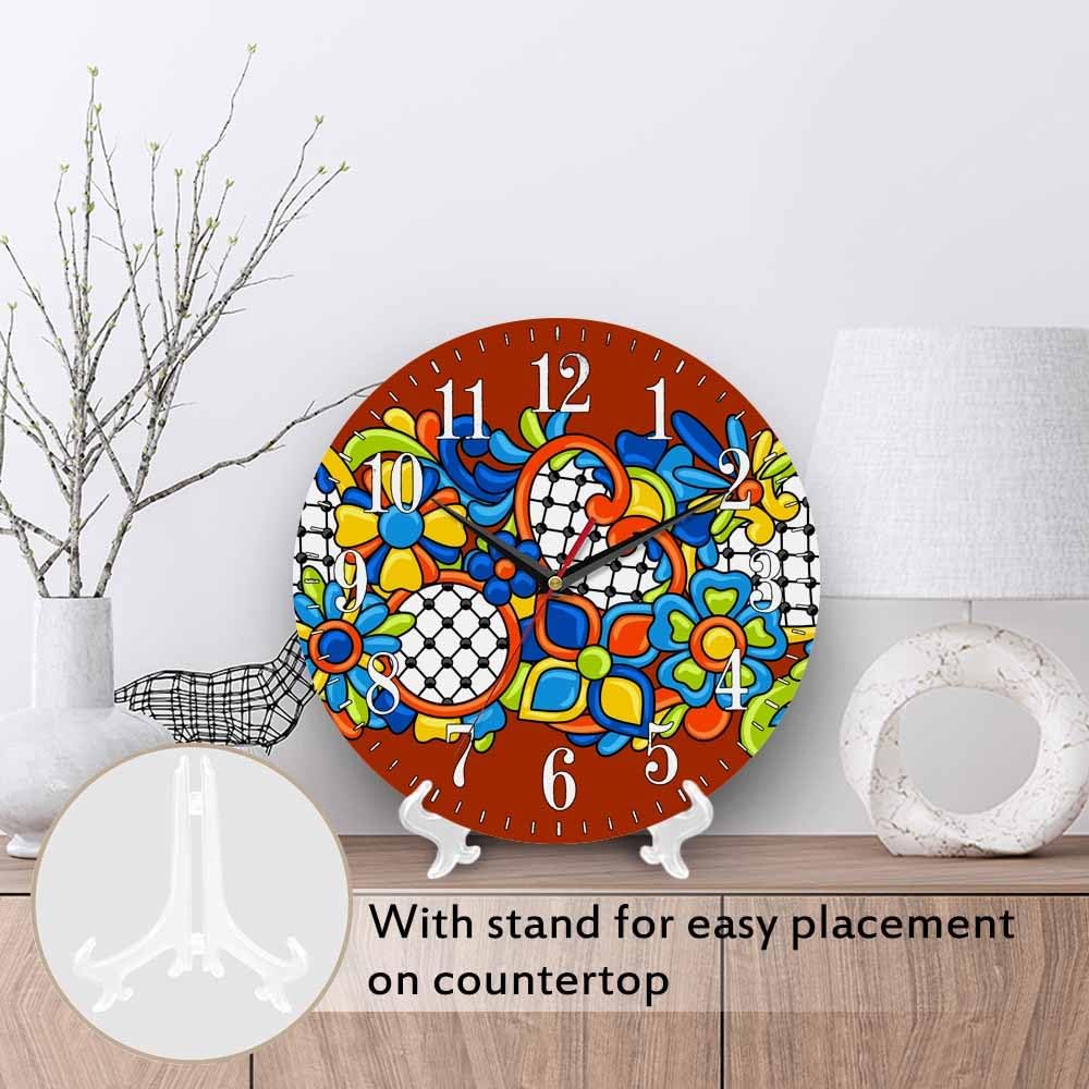 Mxocom Mexican Pattern Wall Clock Abstract Ornamental Flowers Ethnic Print 10 Inch Silent Non Ticking Battery Operated Clock Vintage Round Clock for Living Room Bedroom Bathroom Office Decor