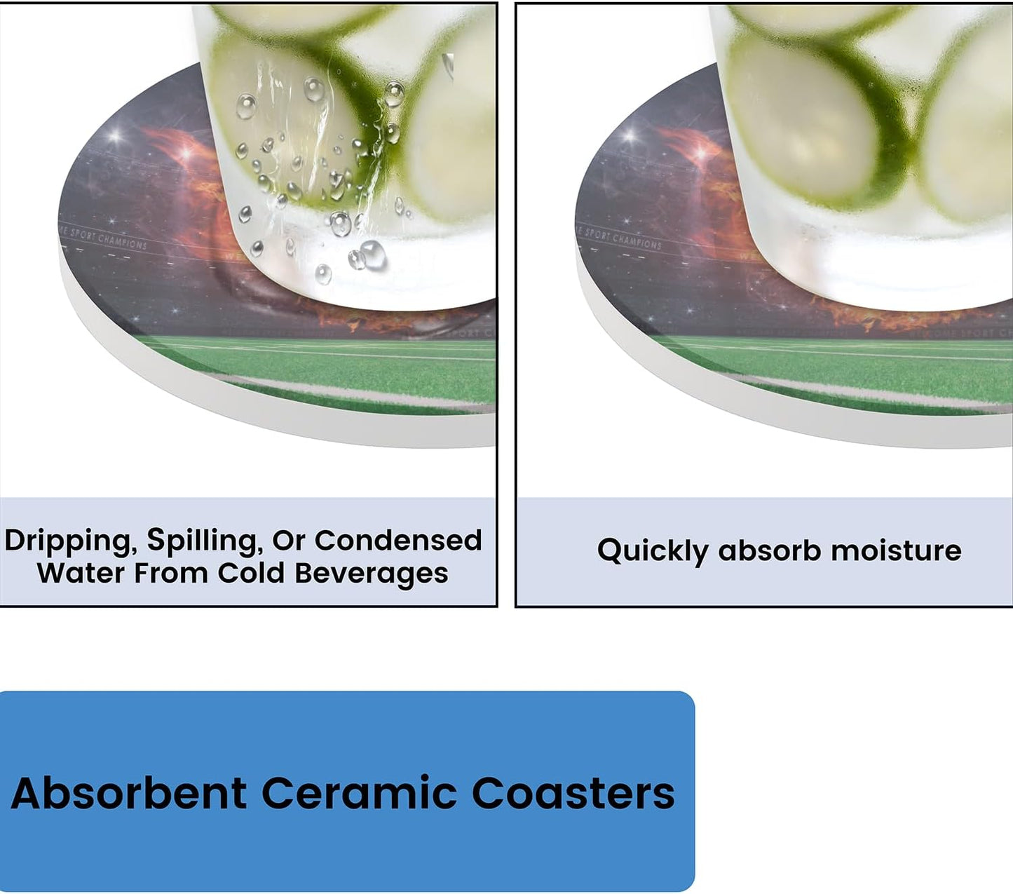 Ceramic Coasters for Drinks with Cork Back, Clean Soccer Display (2) 4 Inch Absorbent Coaster Set 2 Pack, Quick Dry Non-Slip Coaster Mats for Home, Office, Bar